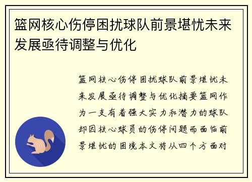 篮网核心伤停困扰球队前景堪忧未来发展亟待调整与优化