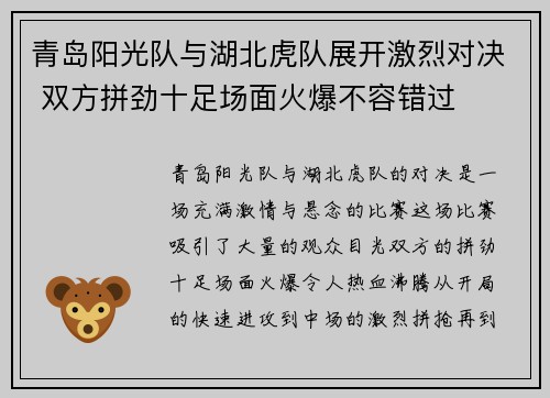 青岛阳光队与湖北虎队展开激烈对决 双方拼劲十足场面火爆不容错过