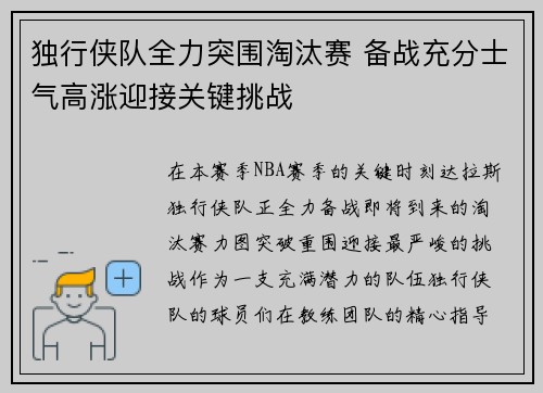 独行侠队全力突围淘汰赛 备战充分士气高涨迎接关键挑战