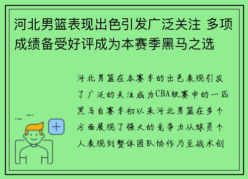 河北男篮表现出色引发广泛关注 多项成绩备受好评成为本赛季黑马之选