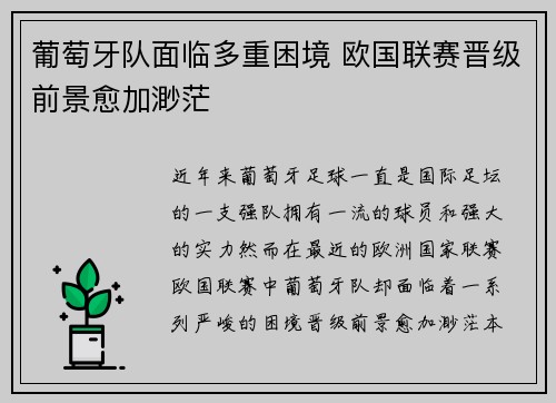 葡萄牙队面临多重困境 欧国联赛晋级前景愈加渺茫