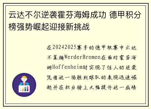 云达不尔逆袭霍芬海姆成功 德甲积分榜强势崛起迎接新挑战