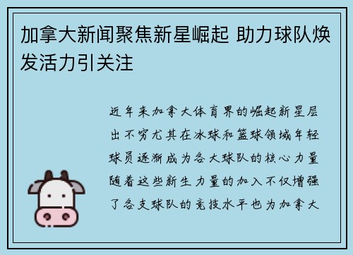 加拿大新闻聚焦新星崛起 助力球队焕发活力引关注