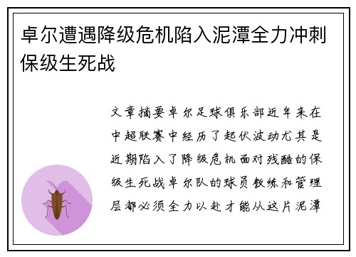 卓尔遭遇降级危机陷入泥潭全力冲刺保级生死战