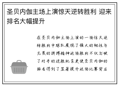 圣贝内伽主场上演惊天逆转胜利 迎来排名大幅提升