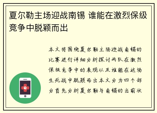 夏尔勒主场迎战南锡 谁能在激烈保级竞争中脱颖而出