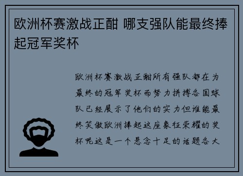 欧洲杯赛激战正酣 哪支强队能最终捧起冠军奖杯