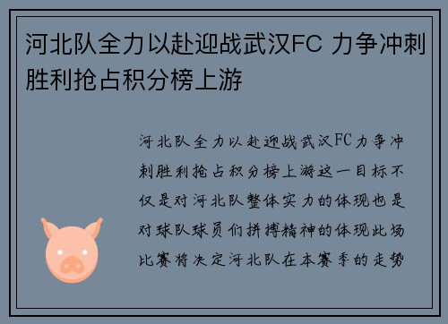 河北队全力以赴迎战武汉FC 力争冲刺胜利抢占积分榜上游