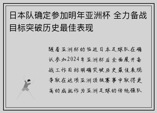 日本队确定参加明年亚洲杯 全力备战目标突破历史最佳表现