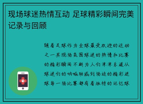 现场球迷热情互动 足球精彩瞬间完美记录与回顾