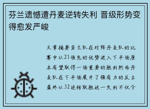 芬兰遗憾遭丹麦逆转失利 晋级形势变得愈发严峻