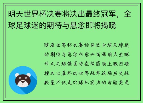 明天世界杯决赛将决出最终冠军，全球足球迷的期待与悬念即将揭晓